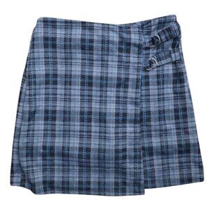 Blue Plaid Knit Works Wrap Skirt With Double Buckle Detail Size M